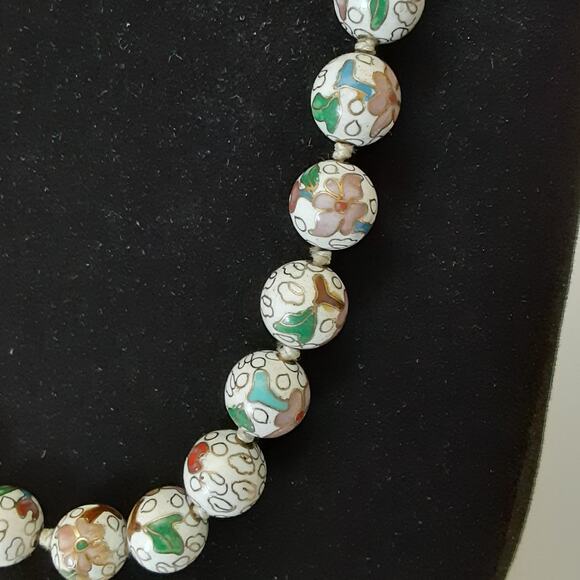 Vintage Chinese Cloisonné Bead Necklace Hand Knotted Enamel Flower Champleve - Picture 7 of 10
